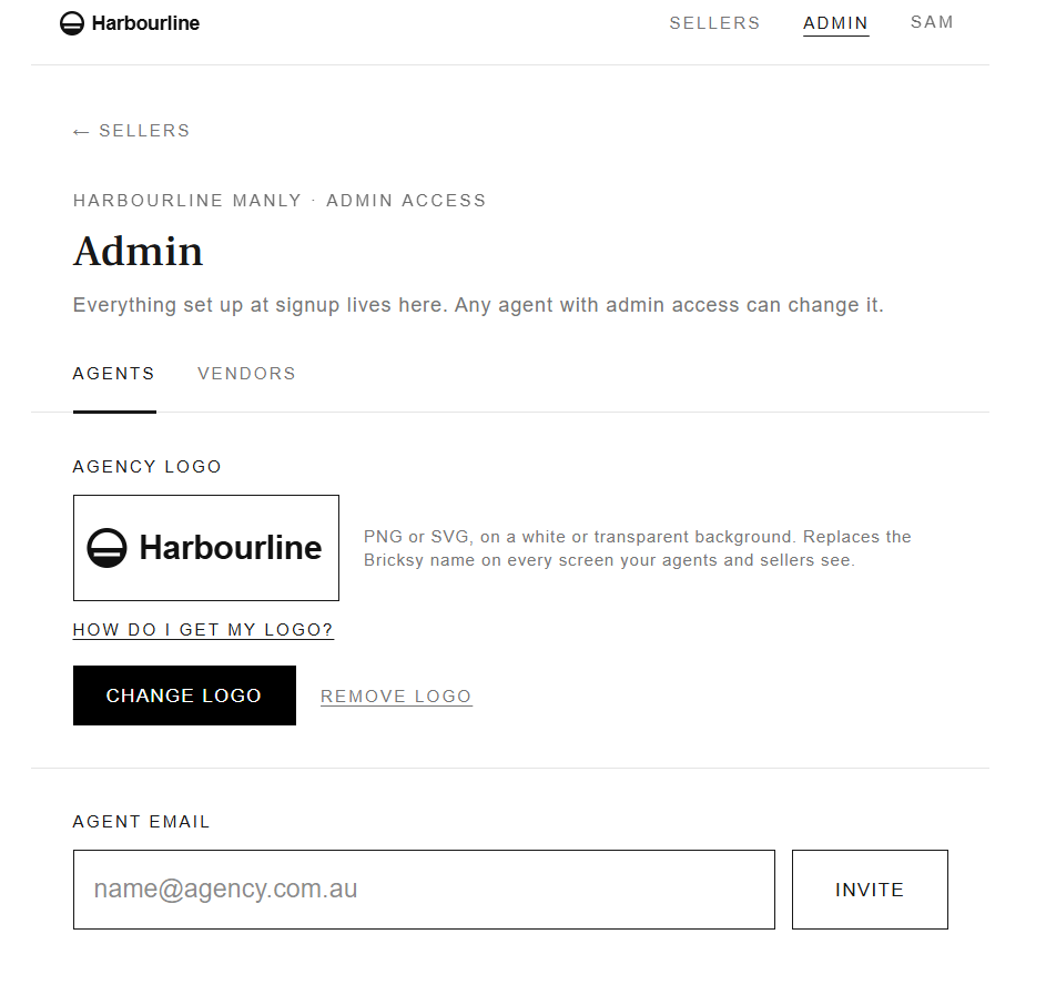 Admin screen with agency logo and agent invites
